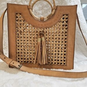 Handmade Bali Cane Rattan & Genuine Leather Tote Bag Bamboo Handles Boho